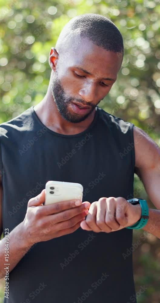 Fitness, black man and phone with smart watch outdoor for data sync, track pace and check progress. Athlete, runner and pair smartphone at park for workout app, performance metrics and monitor speed Fitness, black man and phone with smart watch outdoor for data sync, track pace and check progress. Athlete, runner and pair smartphone at park for workout app, performance metrics and monitor speed
