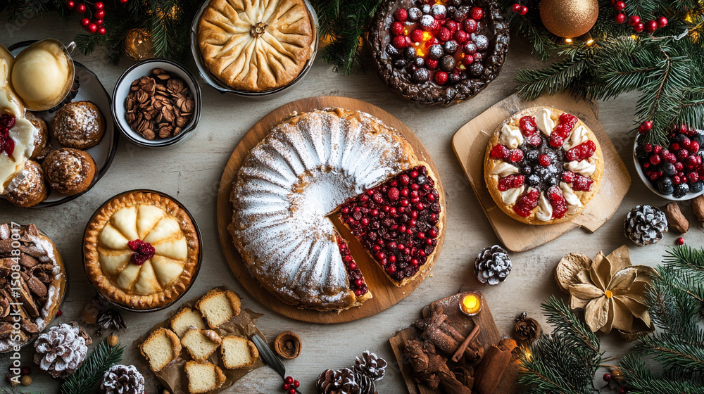 An overhead view of a festive holiday dessert table arrangement with cakes and pastries displayed An overhead view of a festive holiday dessert table arrangement with cakes and pastries displayed
