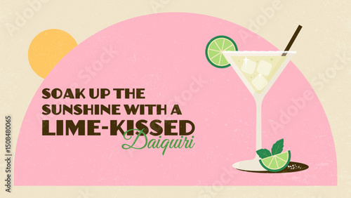 Retro summer banner with lime-kissed daiquiri cocktail illustration