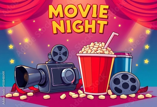 Vibrant cartoon movie night poster template featuring popcorn, soda, and a vintage film camera,   template,   spotlight