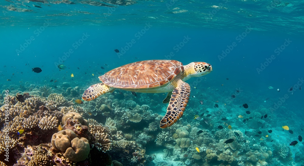 Obraz premium Majestic Green Sea Turtle Gracefully Navigating a Vibrant Coral Reef Ecosystem