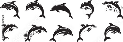 Ten silhouettes of dolphins leaping and swimming. eps-10