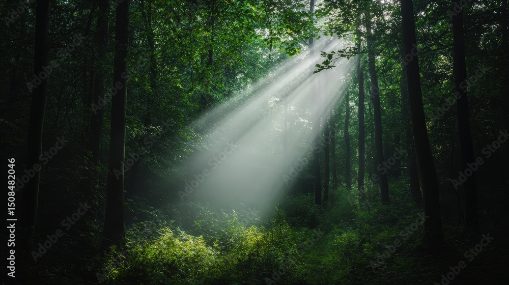 Obraz premium Dappled Sunlight Breaks Through Trees in a Lush Green Forest