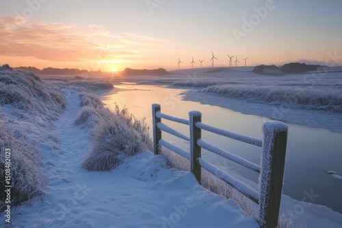 snow-capped windmills overlooking a frosty countryside at sunrise, Generative AI