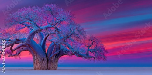 A minimalist ancient baobab tree stands in a surreal landscape