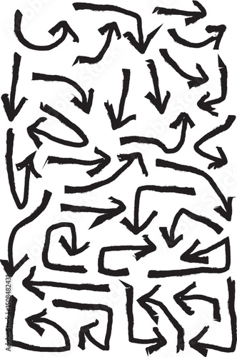 Crayon arrow sketches collection - hand drawn doodle style pointers, curved lines, round swirls. Chaotic scribbling, artistic design elements set. Black grunge brush strokes isolated on white