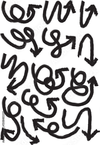 Crayon arrow sketches collection - hand drawn doodle style pointers, curved lines, round swirls. Chaotic scribbling, artistic design elements set. Black grunge brush strokes isolated on white