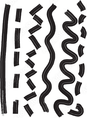 Hand-drawn brush raw textured shapes. Black ink random hand drawn scribbles set isolated on white background. Vector illustration