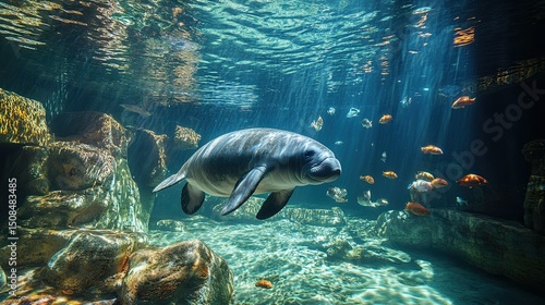 A manatee swimming underwater surrounded by fish and rocks with sunlight shining through the water