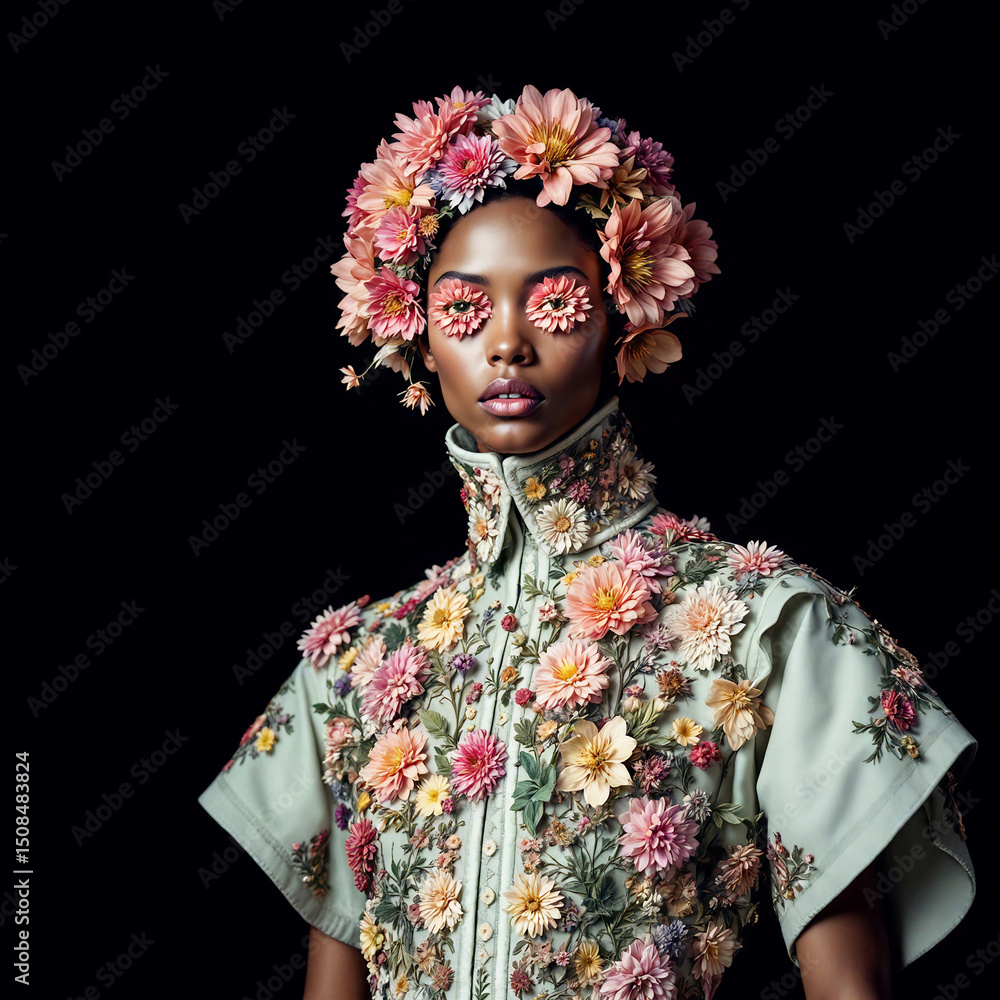 Fototapeta premium Fashion Portrait with Floral Headpiece and Makeup