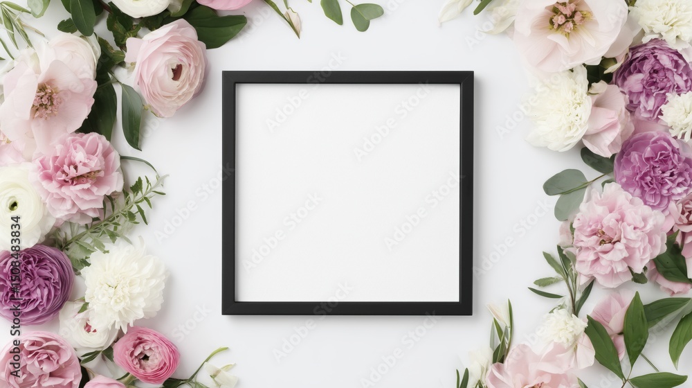 A square black frame surrounded by a variety of pink and white flowers. The background is plain and light, enhancing the floral arrangement. A square black frame surrounded by a variety of pink and white flowers. The background is plain and light, enhancing the floral arrangement.