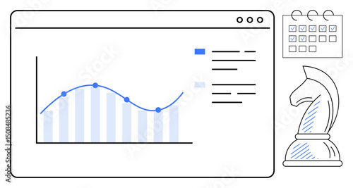 Graph interface with trendline and bars, calendar details, chess knight symbolizing strategy. Ideal for business, analytics, planning, management, decision-making growth teamwork. Flat simple