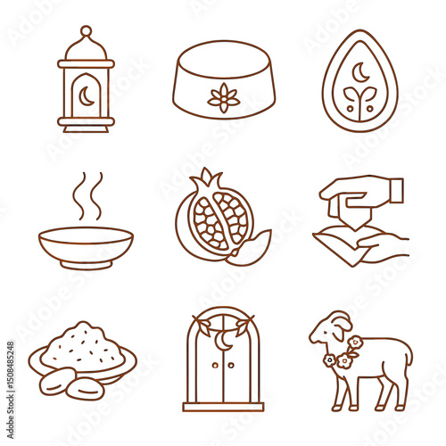 Concept of Eid al-Adha with various icons representing traditions  