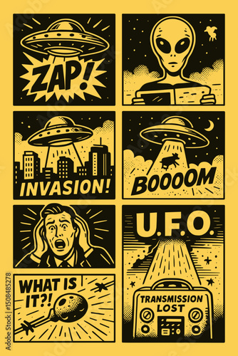 Comic illustration of UFO invasion with alien and dramatic scenes  