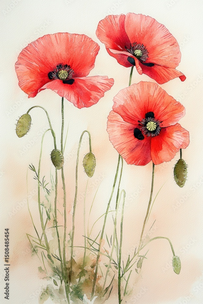 Obraz premium Vibrant Watercolor Painting of Red Poppies on Cream Background