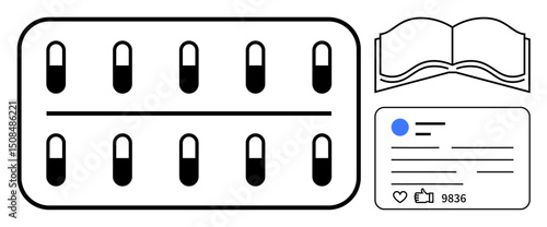 Medication blister pack with capsules, open book, and social media post with thumbs ups and comments. Ideal for healthcare, education, social engagement, digital trends, knowledge sharing, content