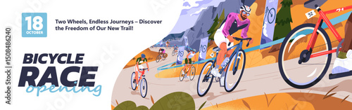 Design of bicycle race promotion banner. Advertising template of sports event with cycling competition. Layout with cyclists riding road bikes. Tour de France contest. Flat vector illustration