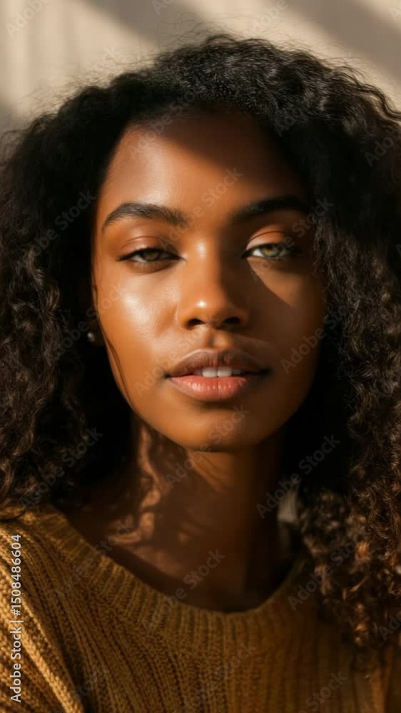 Close-Up Portrait of Young Black Woman with Natural Curly Hair in Warm Sunlight Wearing Knitted Sweater Close-Up Portrait of Young Black Woman with Natural Curly Hair in Warm Sunlight Wearing Knitted Sweater