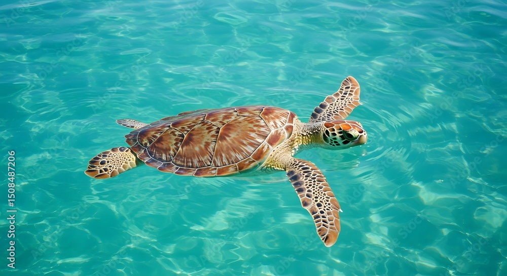 Fototapeta premium Majestic Sea Turtle Gracefully Gliding Through Crystal-Clear Turquoise Waters