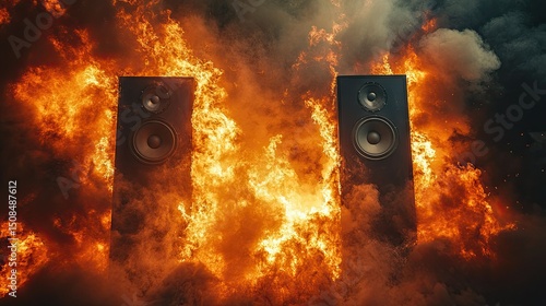 Two black speakers engulfed in bright orange flames and smoke against a dark background scene setting
