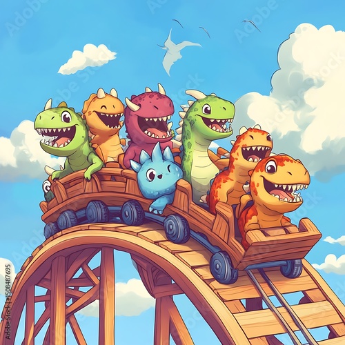 Cute cartoon dinosaurs on a wooden roller coaster.