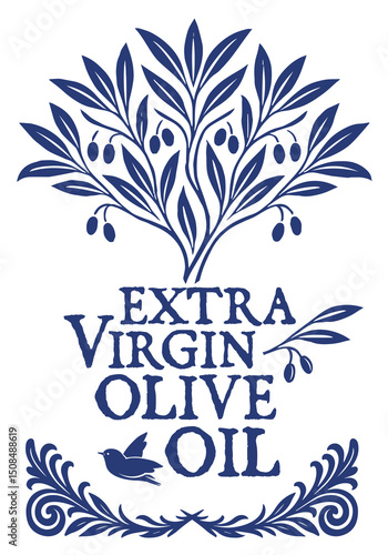 Olive tree with stylized leaves and small fruits. Suitable for branding, product packaging, labels and Mediterranean-themed designs.