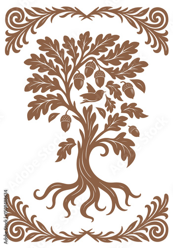 Holm oak with large acorns and stylized foliage. Ideal for logos, gourmet packaging, traditional food branding, and heritage-themed designs.