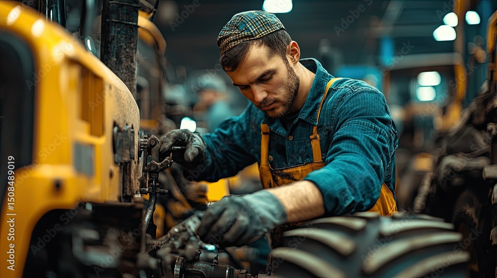 Man in blue shirt and cap repairing a yellow tractor in a garage with focused concentration shown Man in blue shirt and cap repairing a yellow tractor in a garage with focused concentration shown