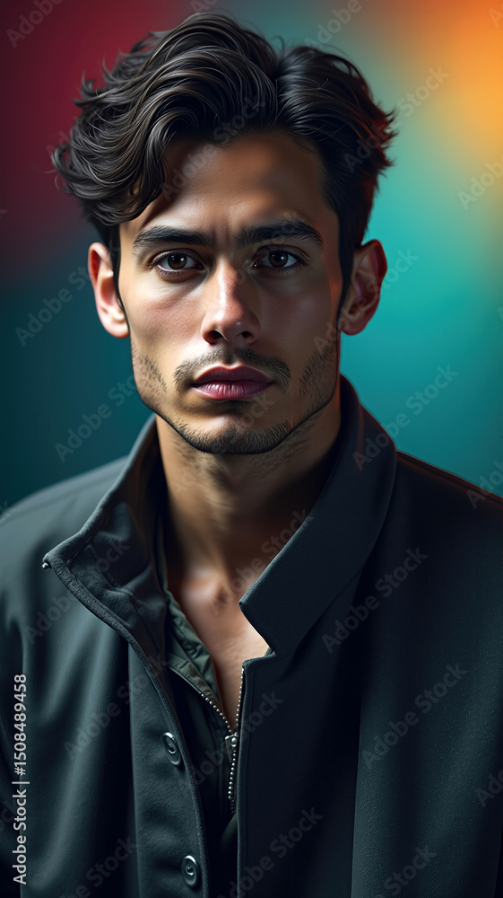 Portrait of a young man with captivating expression in vibrant lighting Portrait of a young man with captivating expression in vibrant lighting