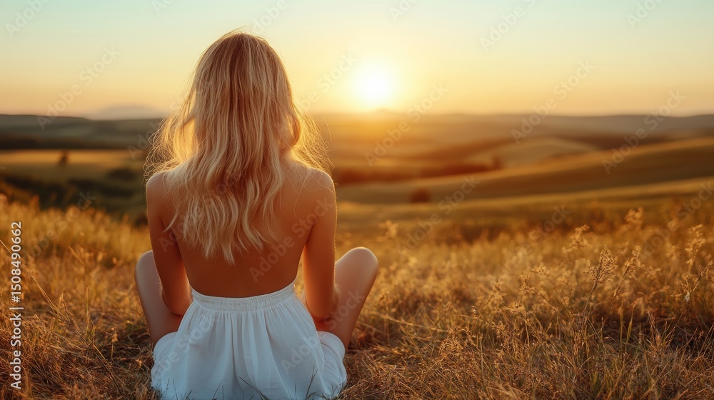 Naklejka premium Serene woman enjoying sunset views of rolling hills, peaceful nature retreat and travel concept.