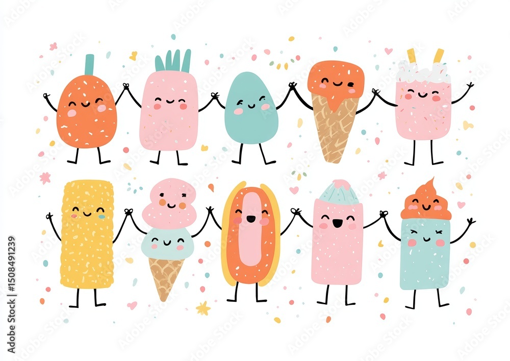 Naklejka premium Collection of cartoon food characters depicted in a retro style illustration