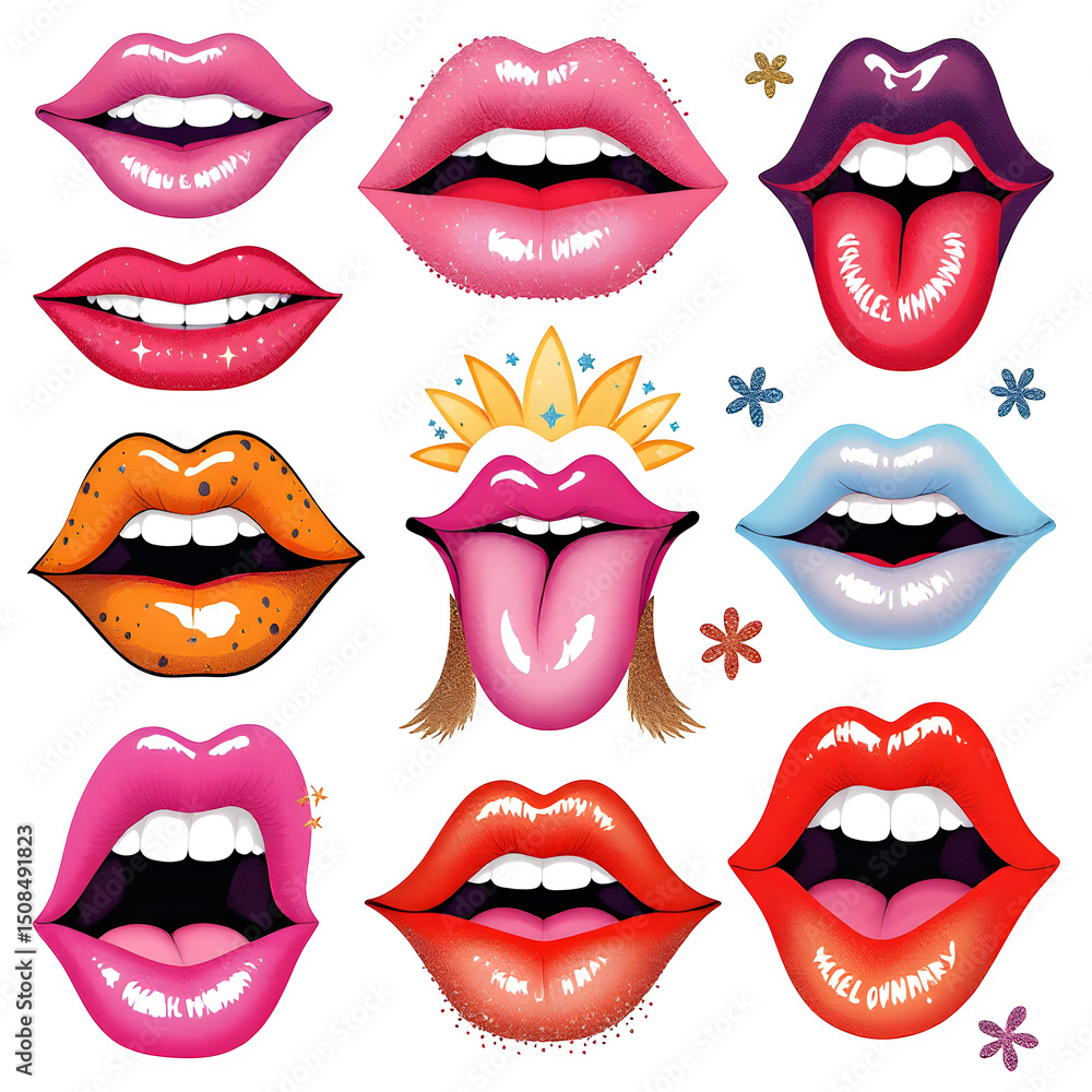 A collection of colorful and stylized lips and mouths with various expressions on a black background isolated with white background A collection of colorful and stylized lips and mouths with various expressions on a black background isolated with white background
