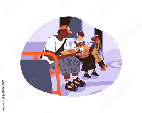 Kids are sitting on seats in subway carriage. Children passengers ride on a coach, reading a book. Teen commuters of underground public transport, metro. Flat isolated vector illustration on white