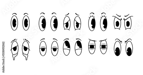 A set of Cartoon Eye Expressions With Various Emotions in a Simple Style. Funny Retro Eyesight Sticker Emojis in moods such as sad, angry, skeptical, etc.