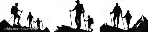Father and Son Hiking Silhouette on Mountain Trail Vector Art.