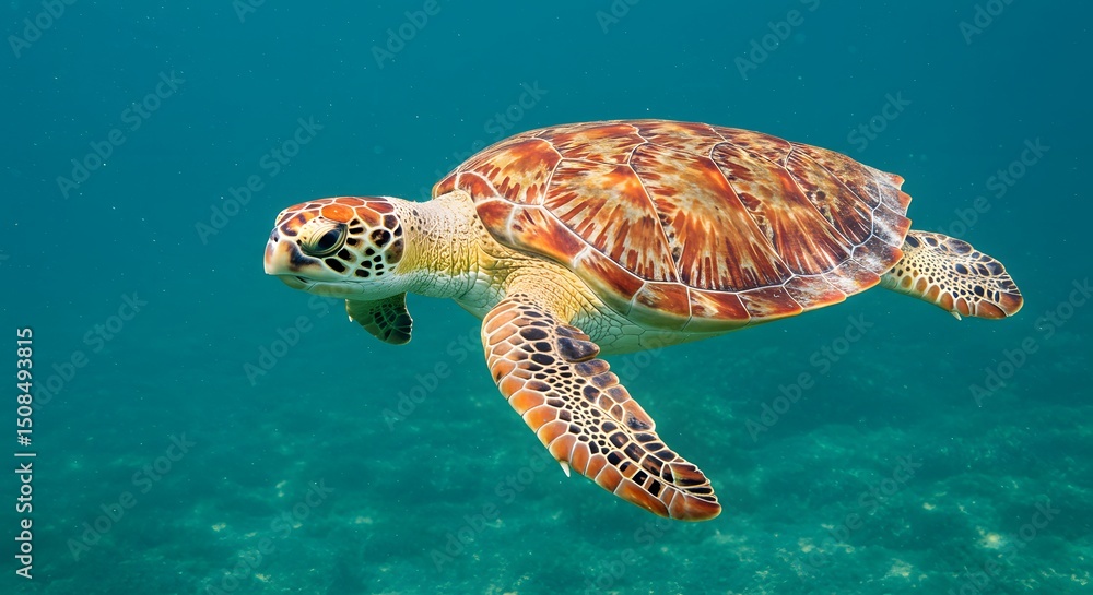 Fototapeta premium Majestic Sea Turtle Gracefully Gliding Through Vibrant Turquoise Waters