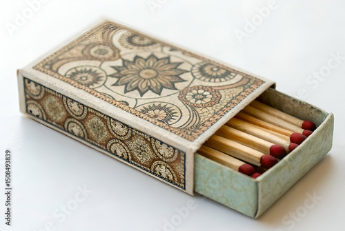 Vintage Matchbox with Decorative Pattern and Wooden Matches Inside, Isolated on White Background for Artistic and Creative Projects