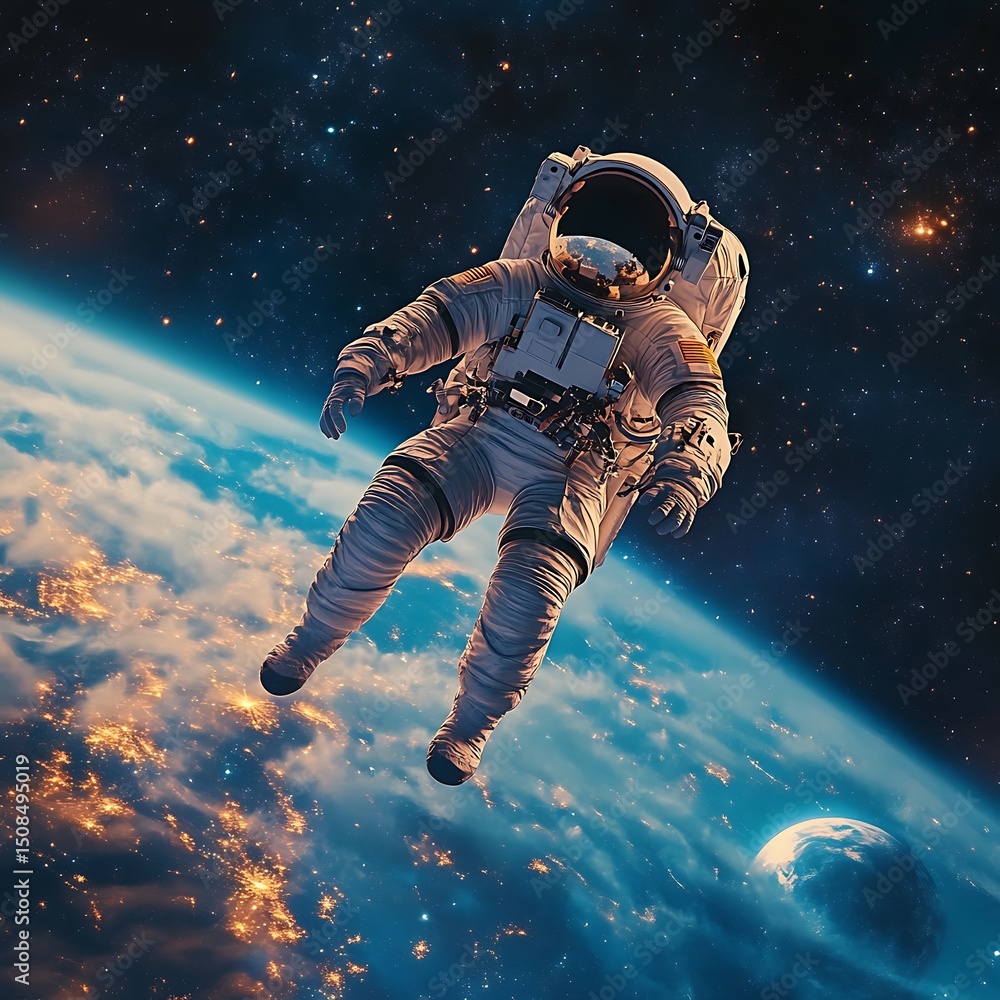 Fototapeta premium Astronaut in outer space, above a planet.