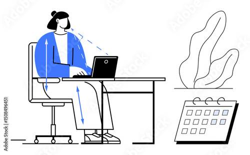 Female seated at desk using laptop with proper posture, plant and calendar nearby. Ideal for ergonomics, productivity, work-life balance, planning, remote work, office culture, simple landing page