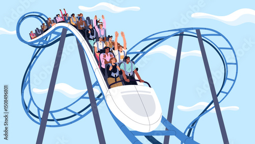 Thrilled people scream, hands up on roller coaster. Visitors ride on fast rollercoaster on height. Characters have fun on extreme entertainment, attraction in amusement park. Flat vector illustration