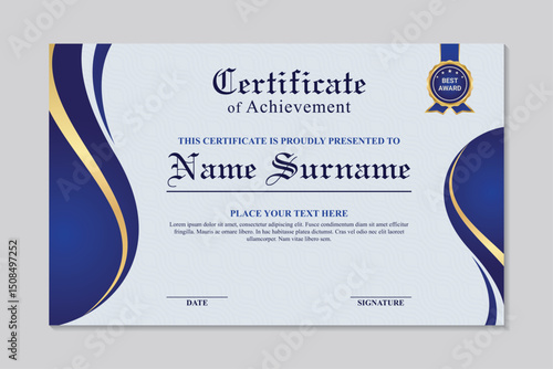 Elegant blue wave design achievement certificate template, modern professional blue certificate design template