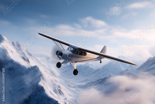 Airplane flying over majestic snow-capped mountains, surrounded by clouds, showcasing the beauty of aviation and nature in a breathtaking landscape