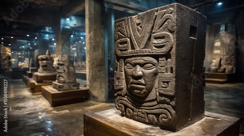 Mayan Museum Artifacts with Ancient Mexico, and Stone Carvings.