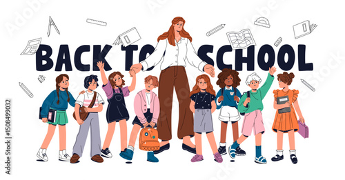 Back to school concept. Happy students of elementary education rejoice at first grade. Primary pupils and teacher are greeting, waving hands together. Flat isolated vector illustration on white