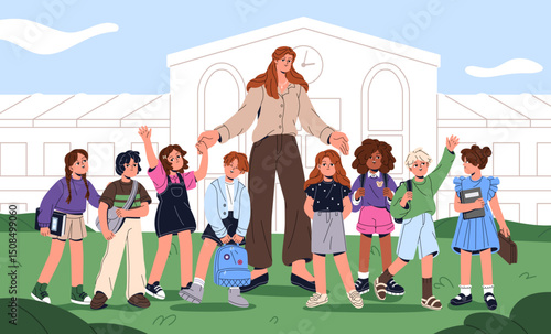 Teacher and students stand and waving hands together. Young learner and pupils are on school yard, greeting. Group of kids with educator. Elementary education and first grade. Flat vector illustration