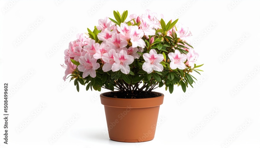Obraz premium Azalea Blossom Pot: A lush azalea plant bursts with delicate pink blossoms, artfully arranged in a rustic brown pot.