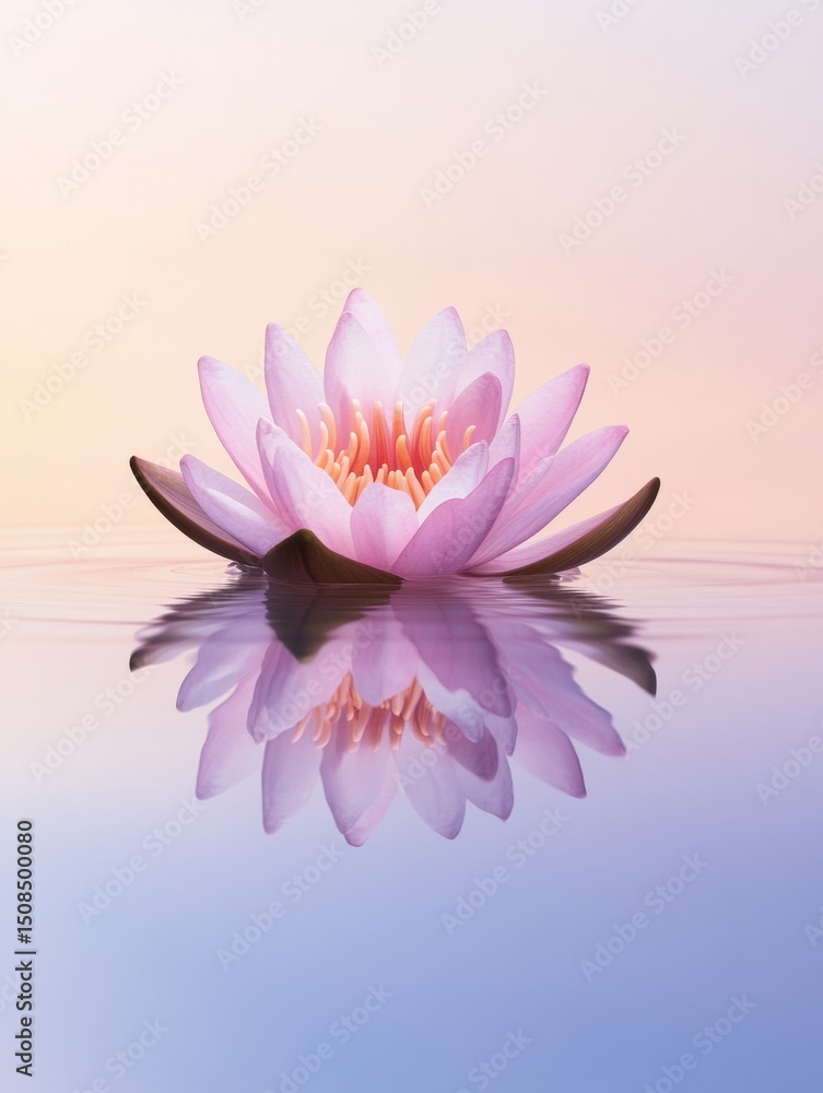 Serenity with pink lotus flower on calm water surface at sunset Serenity with pink lotus flower on calm water surface at sunset