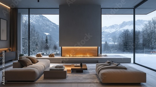Interior view of a modern living room with fireplace and snowy mountain landscape through large windows