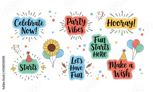 A vibrant collection of stickers with festive messages like "Celebrate Now!", "Party Vibes," and "Fun Starts Here," adorned with cheerful party elements.