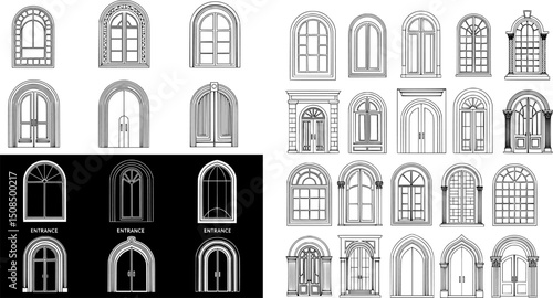 Art Deco arch window and door frames, entrance doorways, and gateways, featuring modern architectural line drawings. Ancient classical architecture with arched doors reminiscent of Medieval temples,
